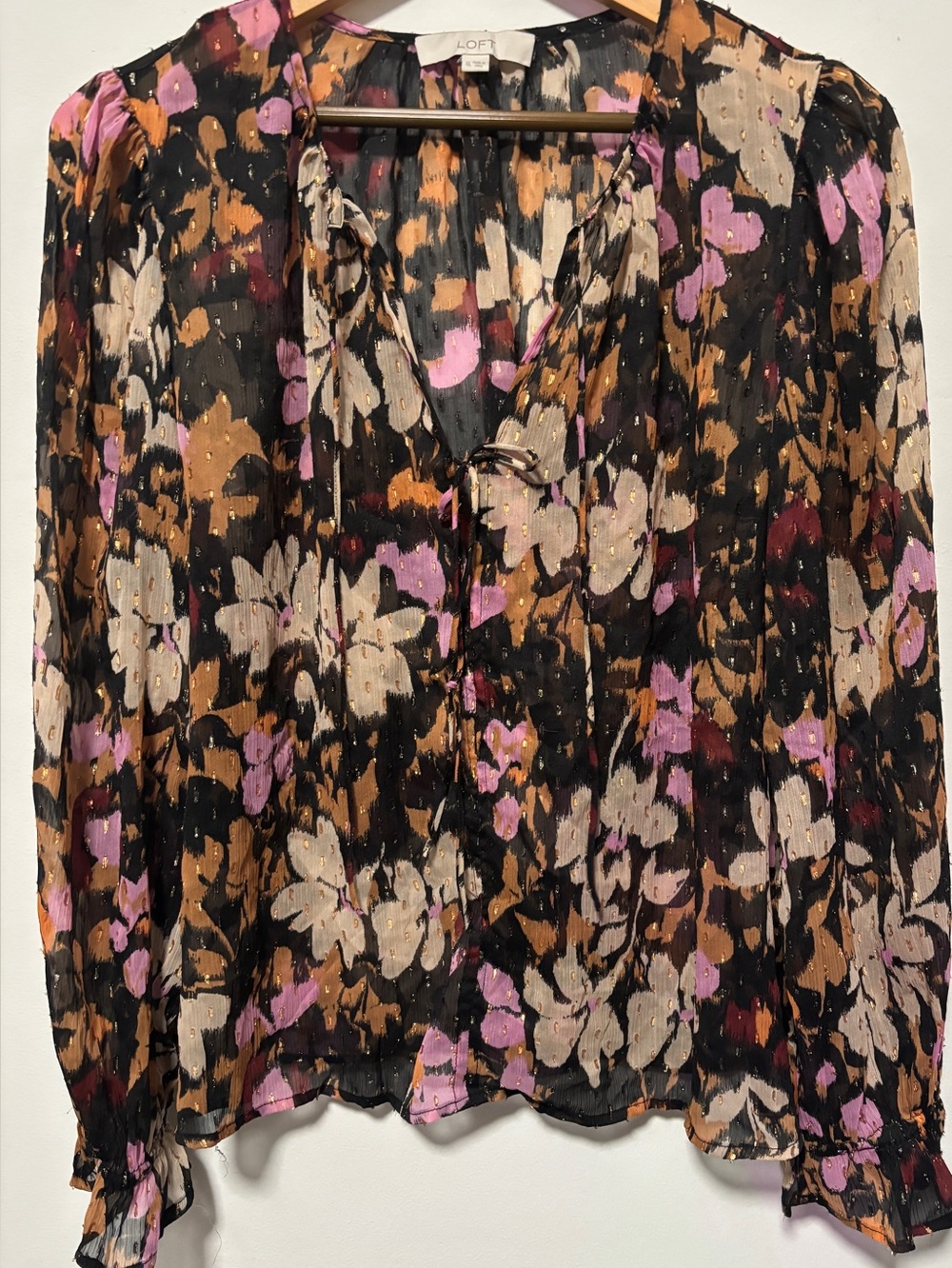 LOFT V-neck Long Sleeve Floral Print Over Black Sheer Peasant Blouse XL